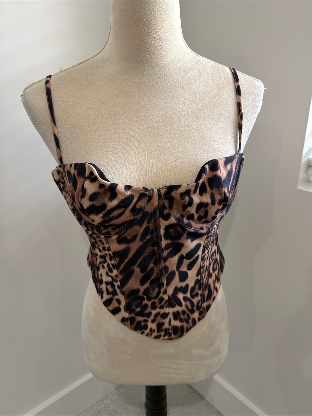 Leopard Print Satin Bustier Crop Top - Brown